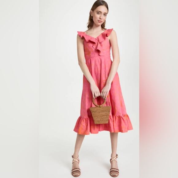 SIKA v-neck midi dress cotton ruffle hem pink small sleeveless new - Picture 1 of 11